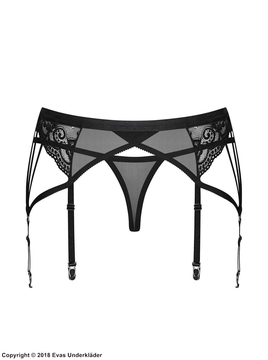Garter belt and panty, lace, sheer inlays, thin straps